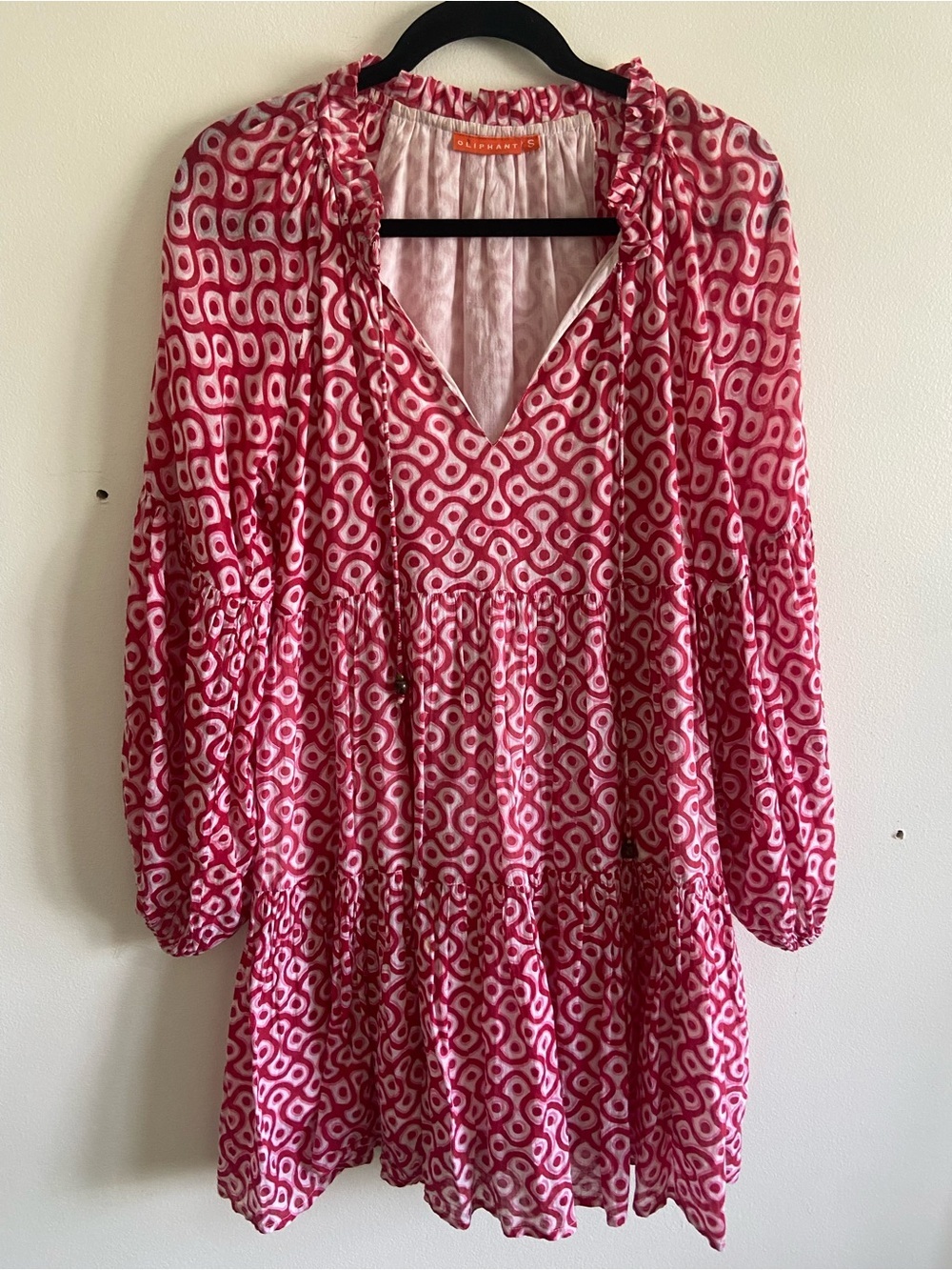 Oliphant Pink 100% Cotton Tiered Mini Dress Tie Neck Smock Flowy Size Small